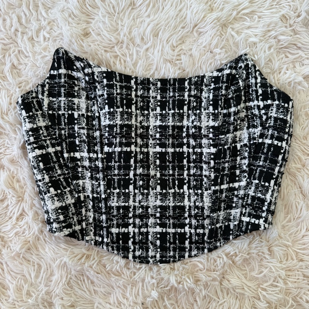Line and Dot Black White Tweed Corset Top Strapless Zip Front Size M